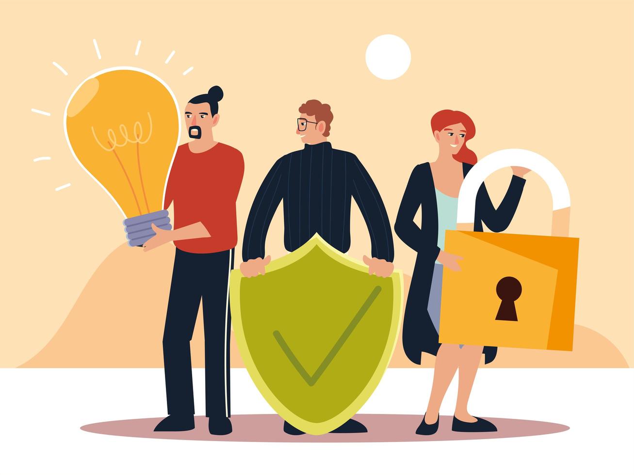 men and woman with padlock shield and light bulb objects vector