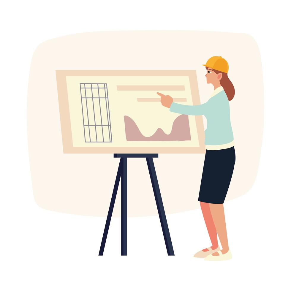 young woman architect in helmet standing with project blueprint vector