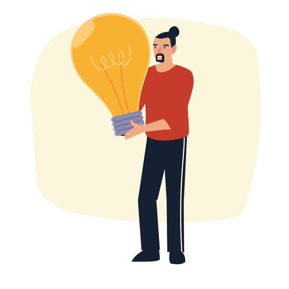 beard man holds big light bulb creativity concept vector