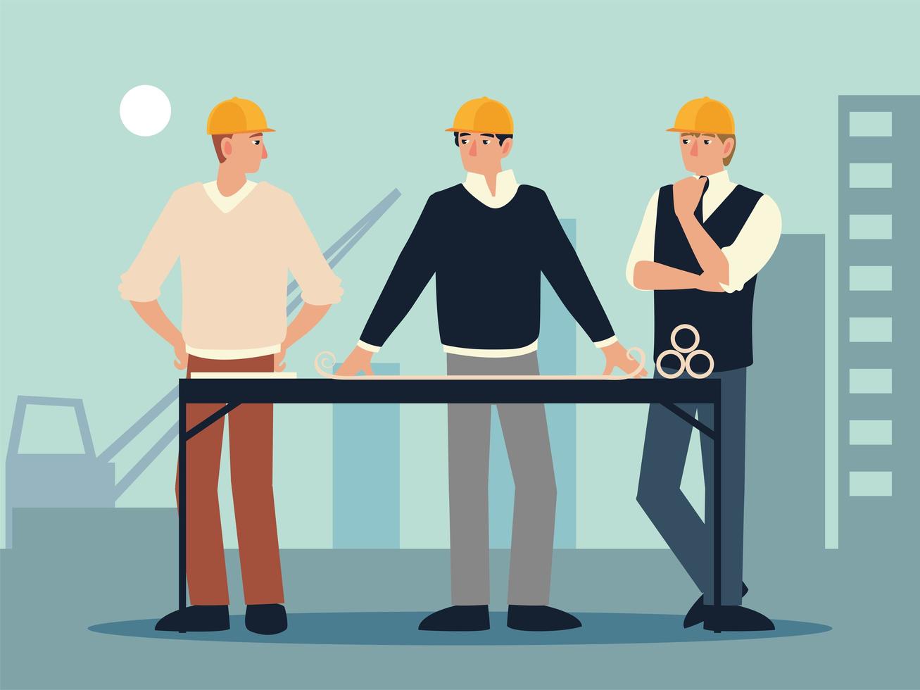 builders and architects with blueprint on table in the workplace vector
