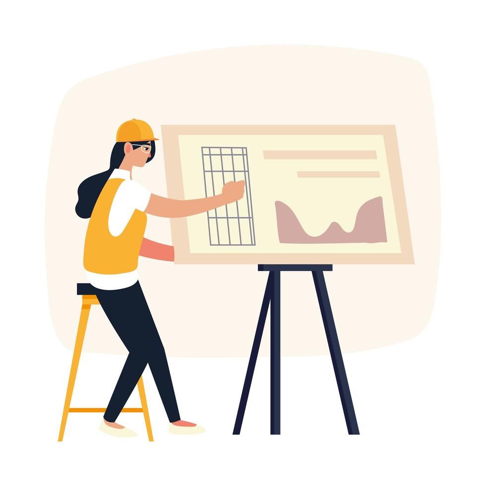 woman architect working on architecture project with drawing board vector
