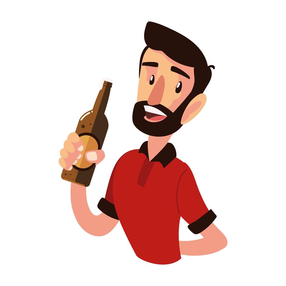 Carácter de hombre barbudo con botella de cerveza saludos beber alcohol vector