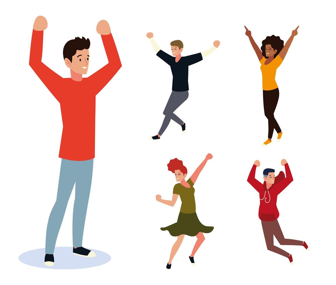 young man with hands up celebrating people happy celebration vector