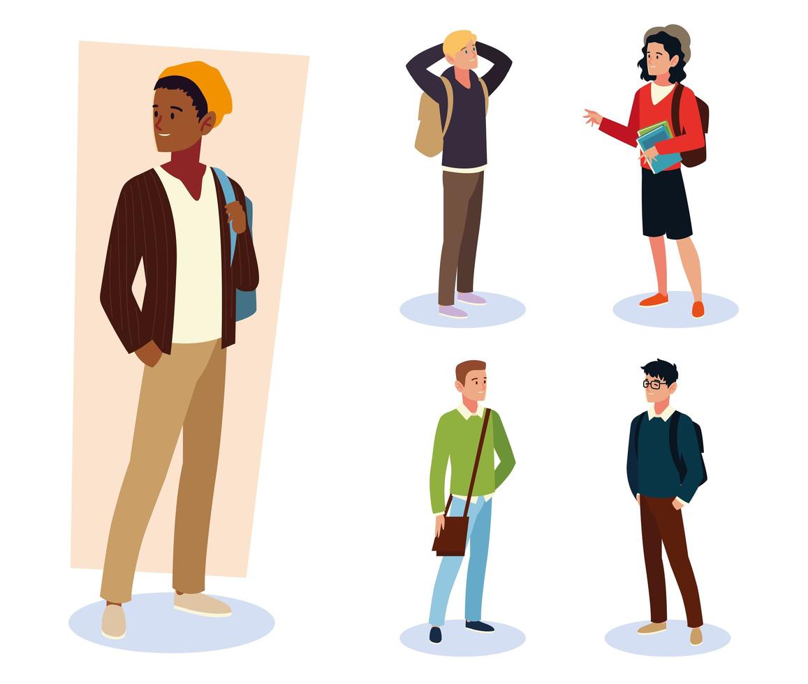 students male different nationalities with backpacks and books vector