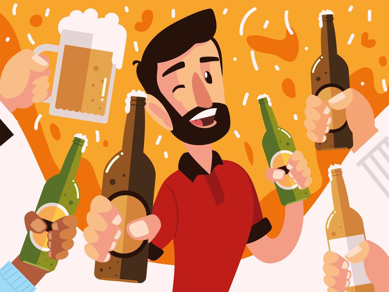 happy man with beer bottle and hands with differents drinks cheers vector