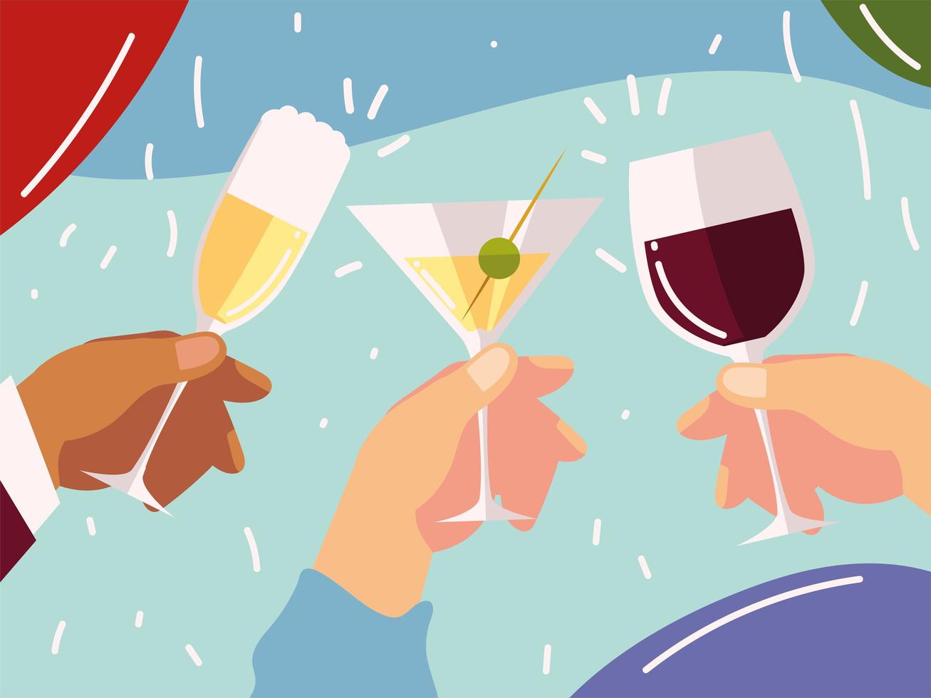 cheers hands with cocktails wine glass celebration vector