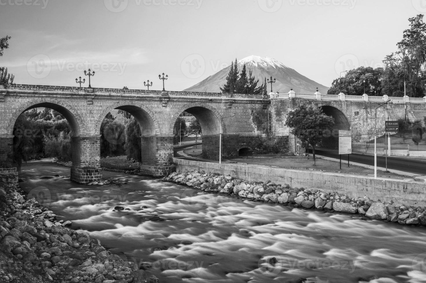 Old part of city of Arequipa and its iconic volcano Misti and Chili river photo