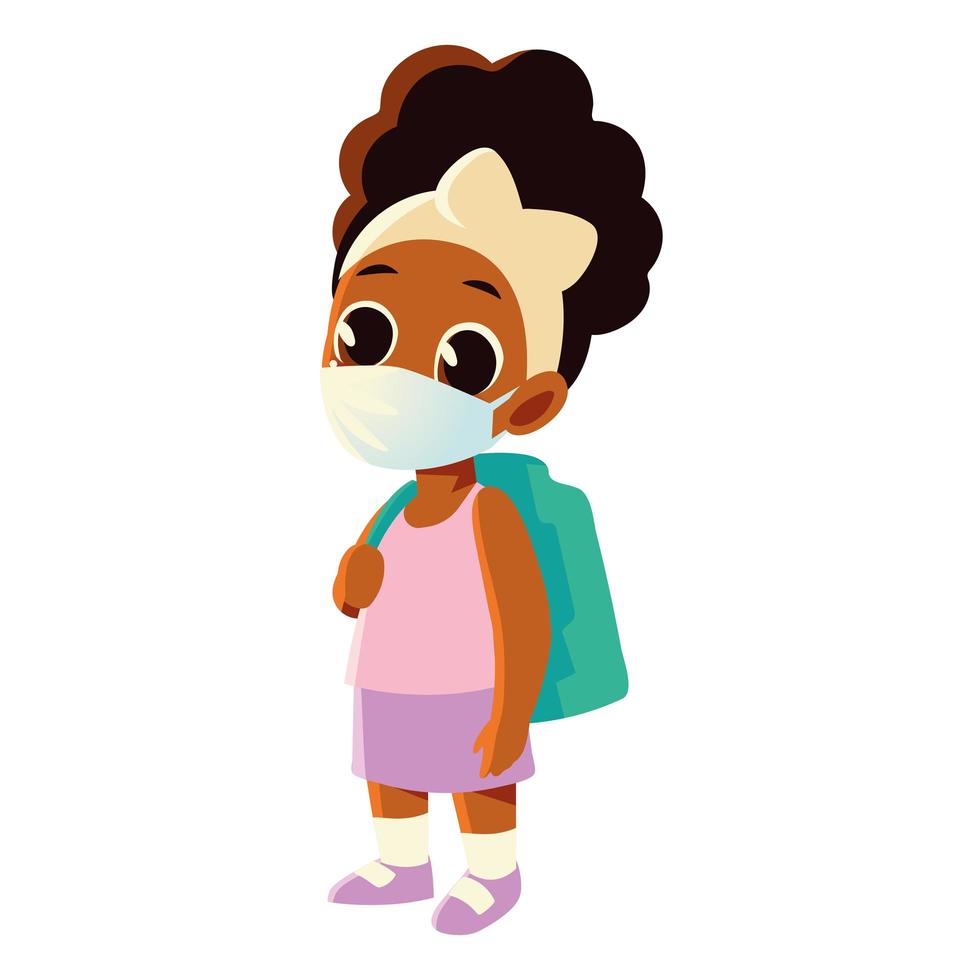 Back to school of afro girl kid with medical mask and bag vector design