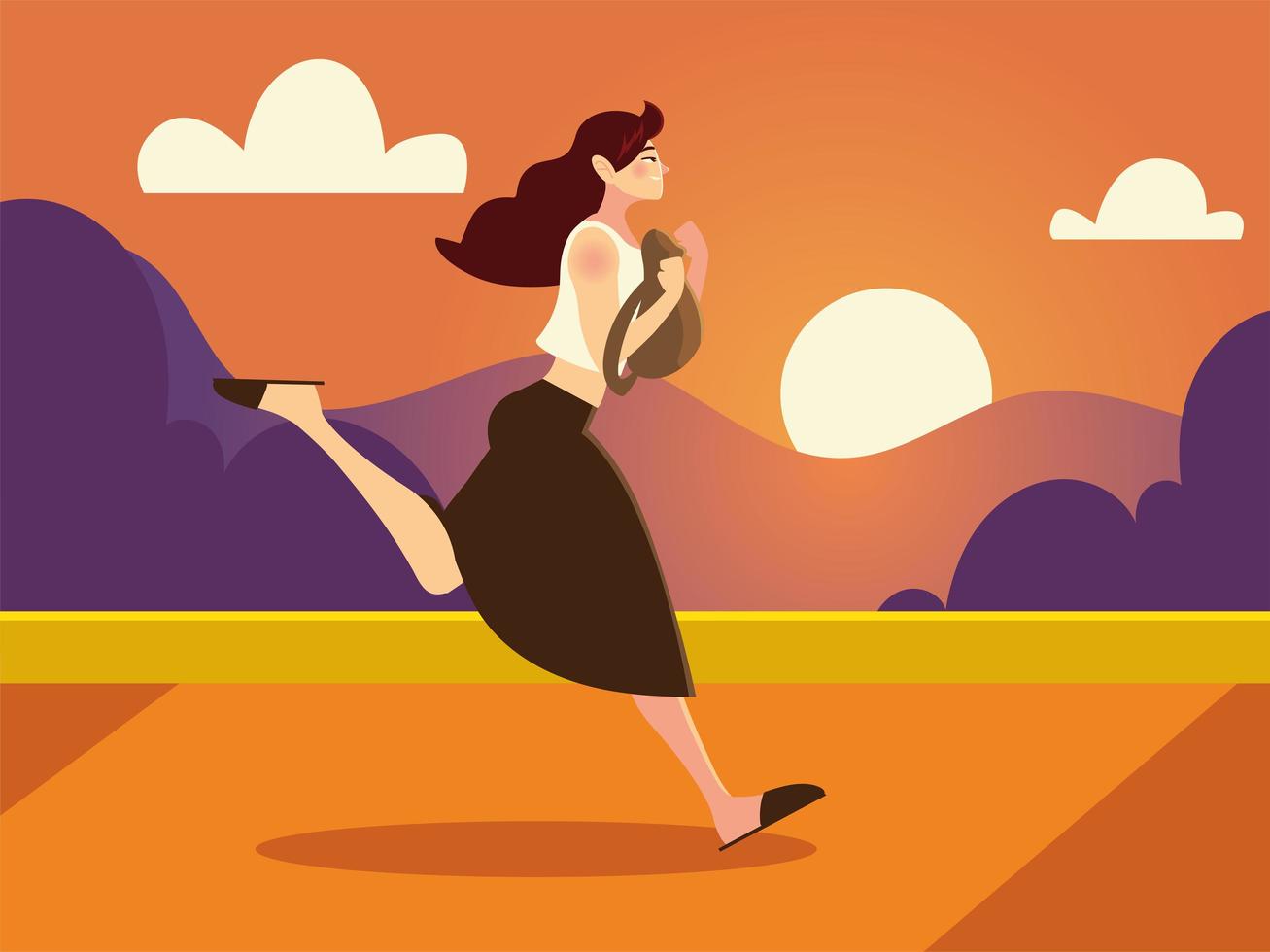 young woman character running with bag in the landscape vector