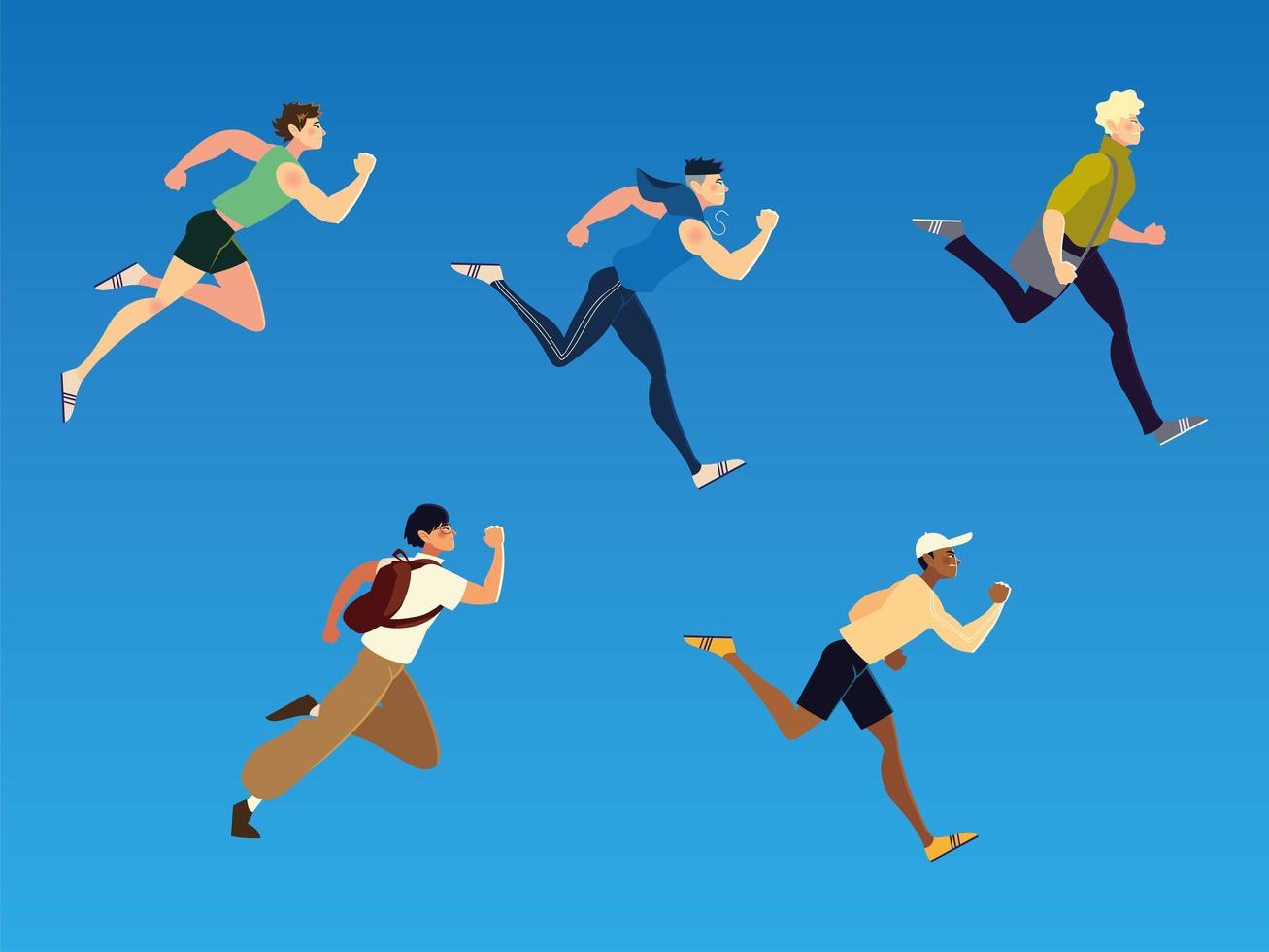 Corriendo personas que realizan deportes y otras actividades. vector