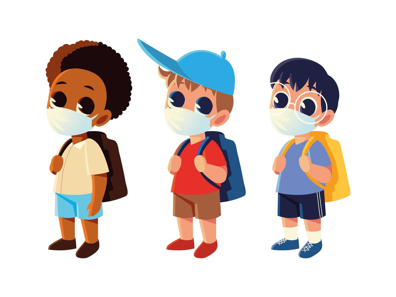 Regreso a la escuela de niños con diseño vectorial de máscaras médicas vector