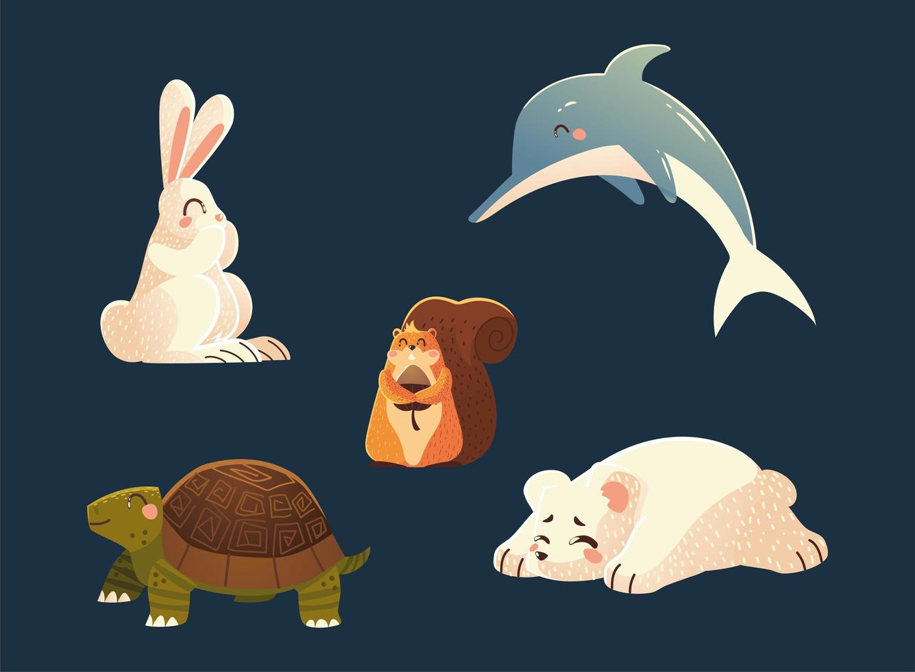 dolphin rabbit squirrel turtle and polar bear nature cartoon animals vector