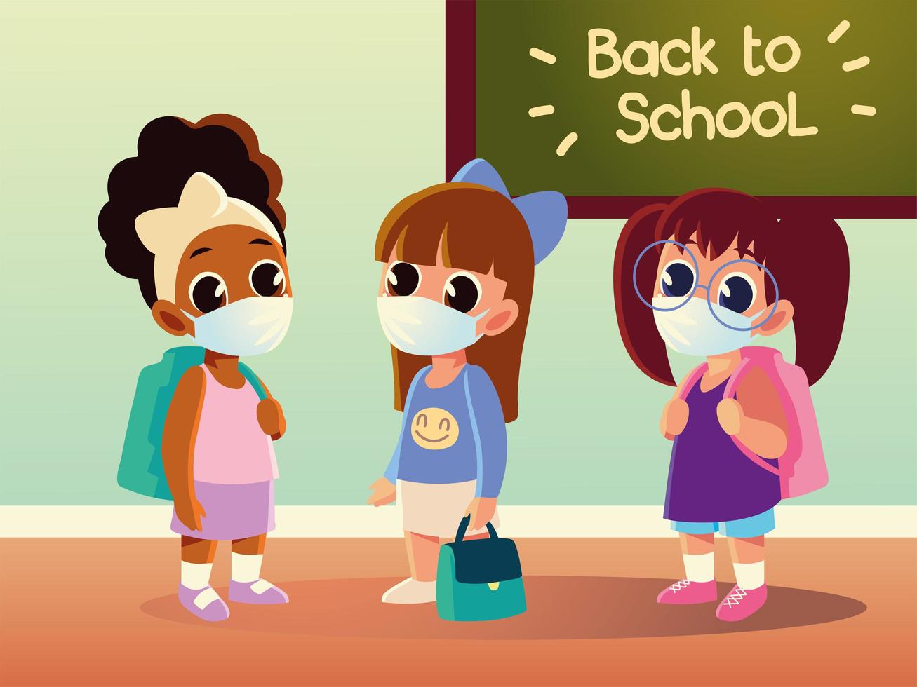 regreso a la escuela de niñas niños con máscaras médicas y diseño vectorial de tablero vector