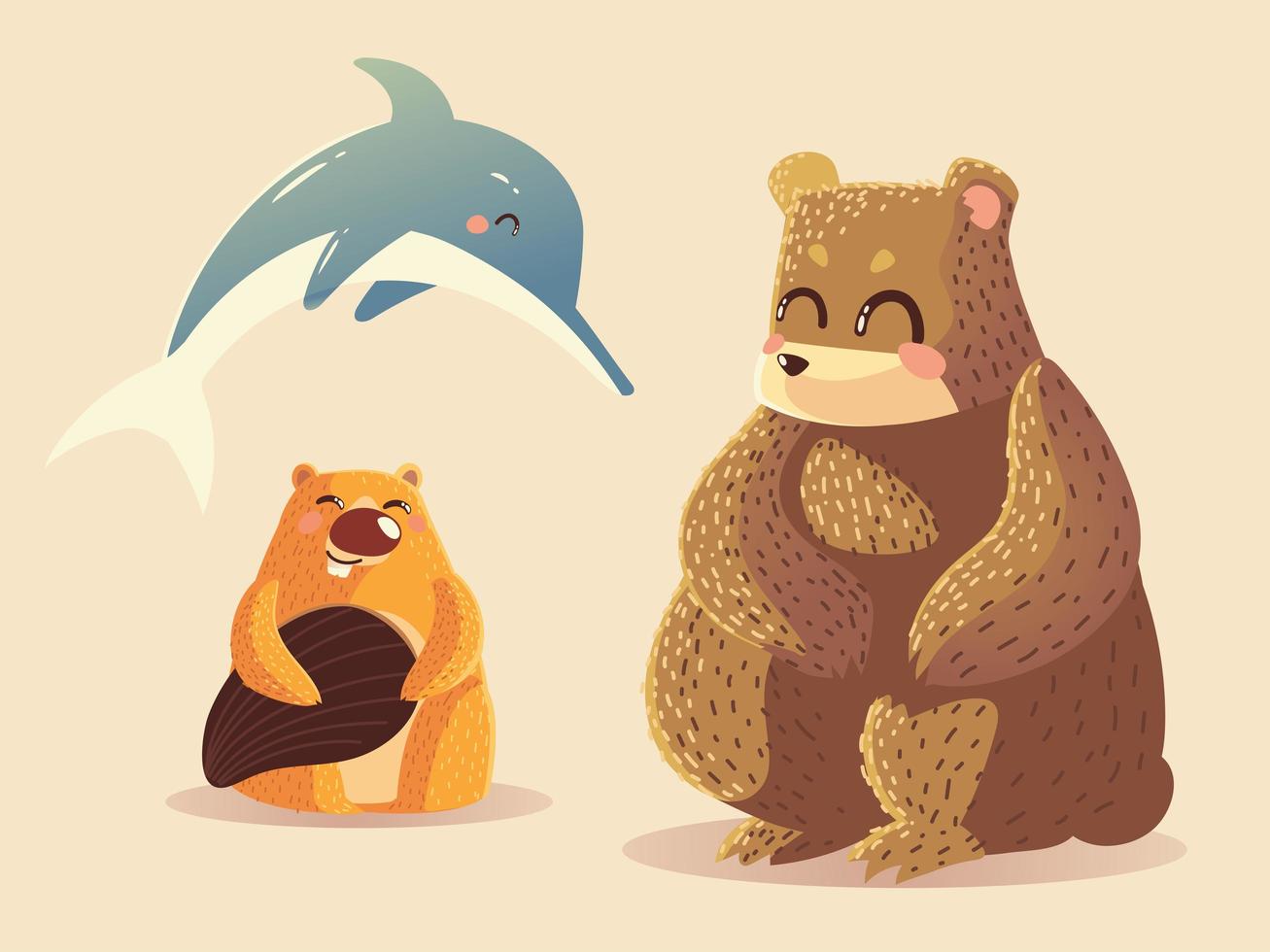 dolphin beaver and bear wild cartoon animals icons vector