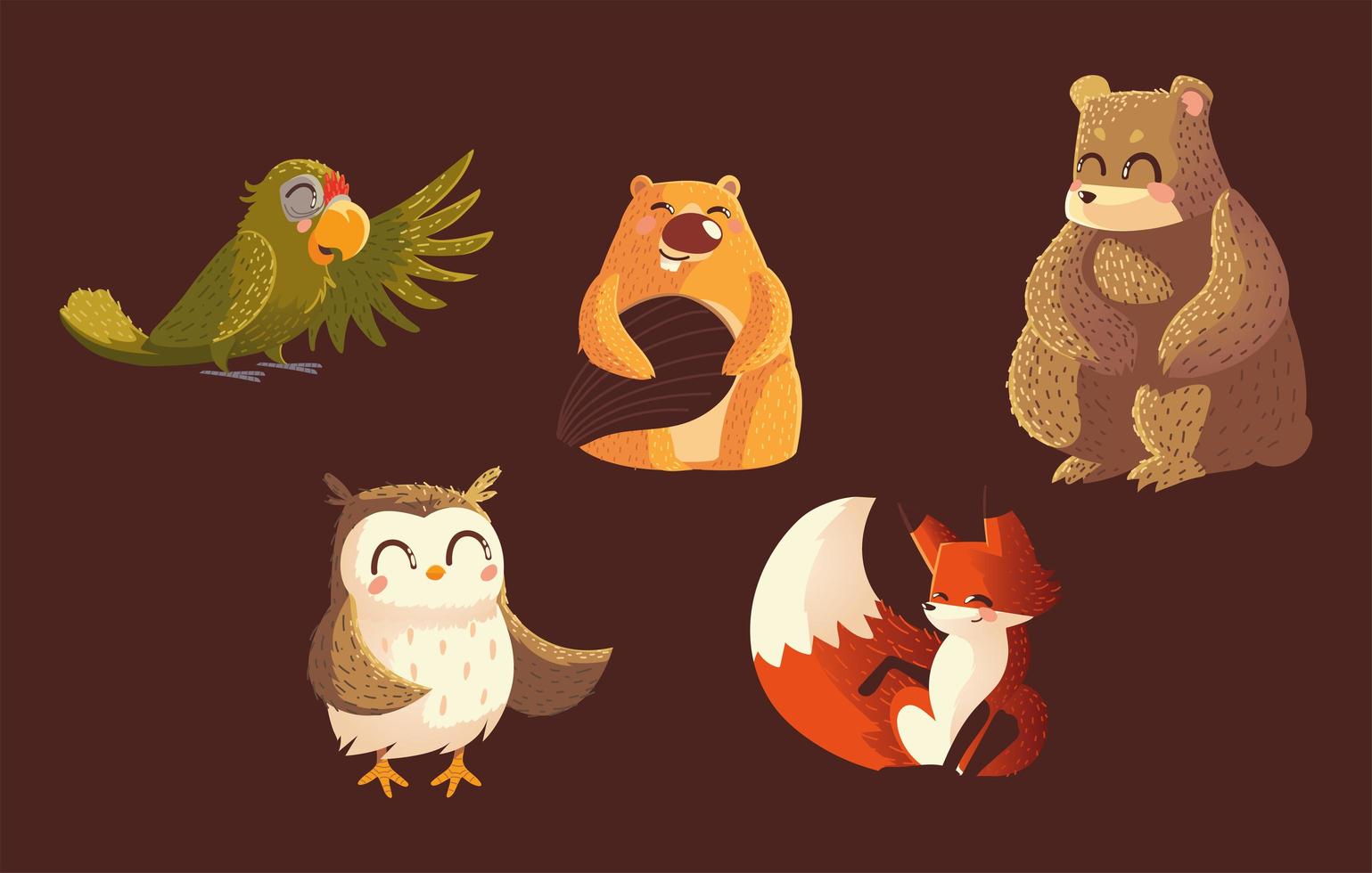 parrot bear beaver owl and fox wildlife cartoon animals brown background vector