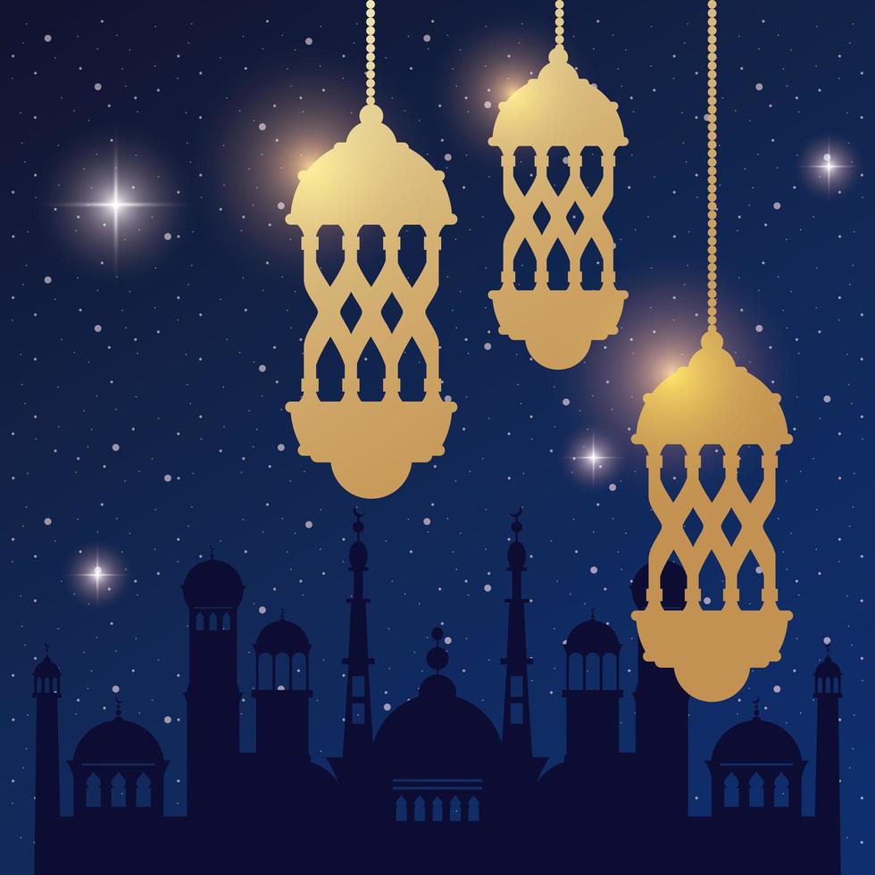 ramadan kareem card with golden lanterns and taj mahal vector