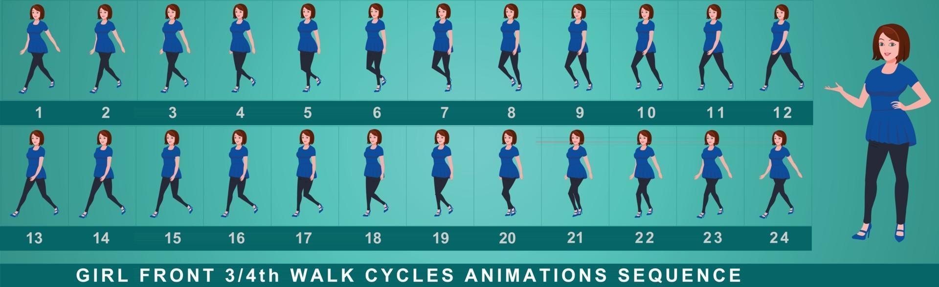 secuencia de animación de ciclo de caminata de personaje de niña vector