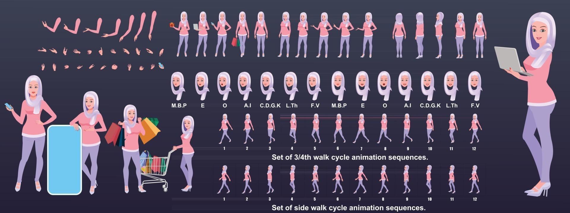 Islamic Girl Character Design Model Sheet with walk cycle animation Girl Character design Front side back view and explainer animation poses Character set with various views and lip sync vector