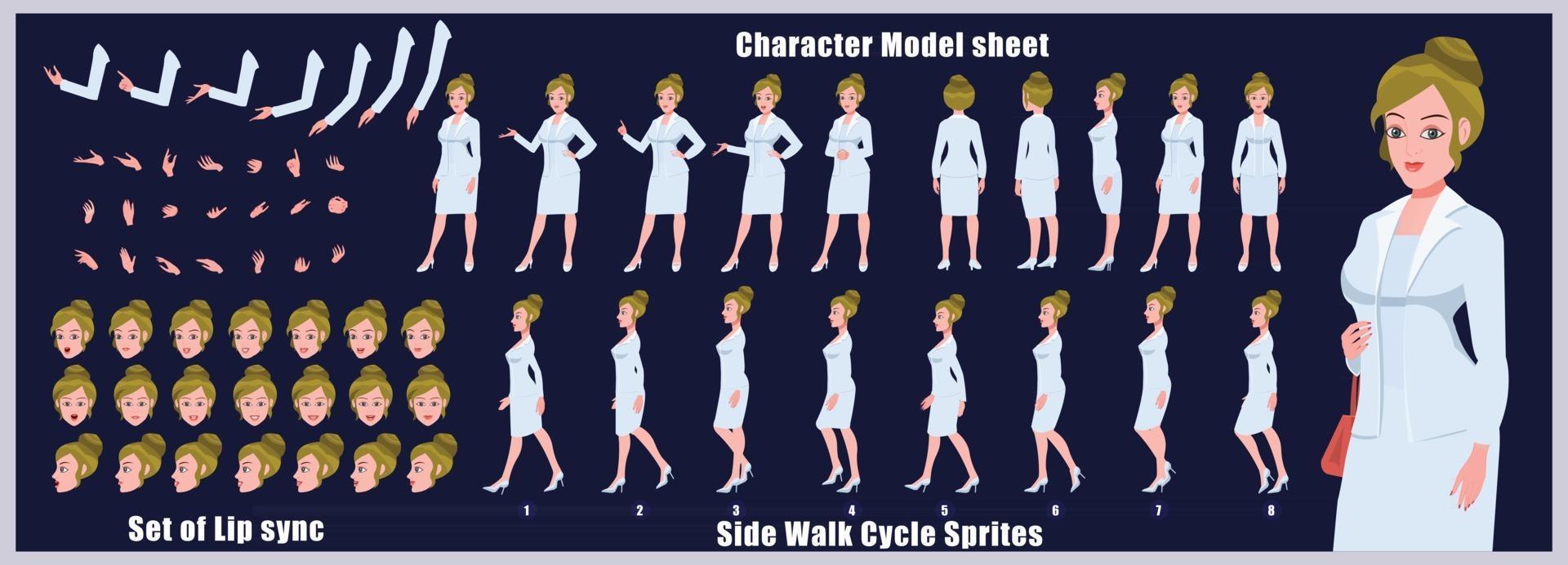 Business Girl Character Design Model Sheet Girl Character design Front side back view and explainer animation poses Character set with lip sync Animation sequence of all front Back and side walk cycle animation sequences vector