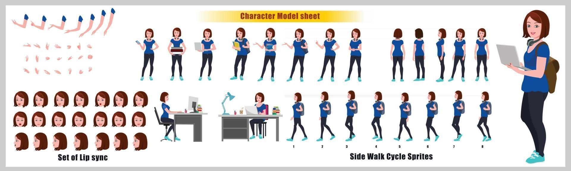 Girl student Character Design Model Sheet Girl Character design Front side back view and explainer animation poses Character set with lip sync Animation sequence of all front Back and side walk cycle animation sequences vector