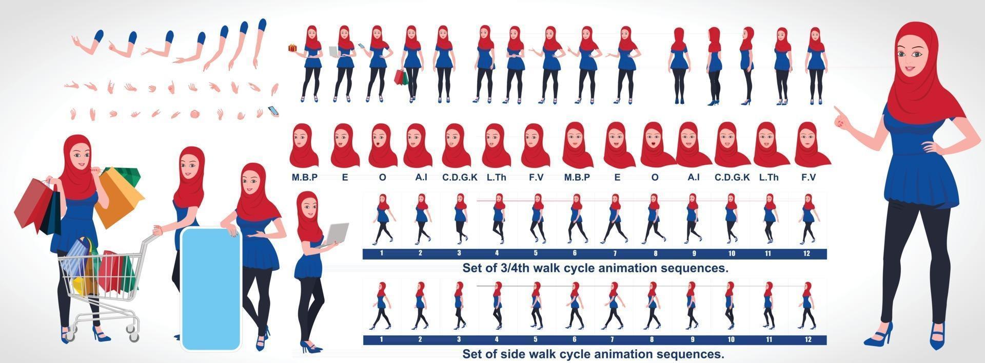 Islamic Girl Character Design Model Sheet with walk cycle animation Girl Character design Front side back view and explainer animation poses Character set with various views and lip sync vector