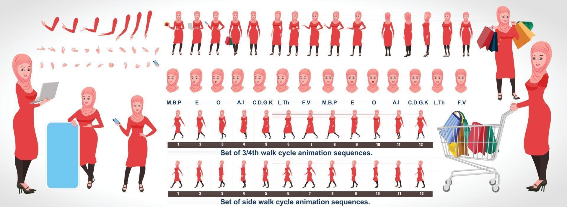 Islamic Girl Character Design Model Sheet with walk cycle animation Girl Character design Front side back view and explainer animation poses Character set with various views and lip sync vector