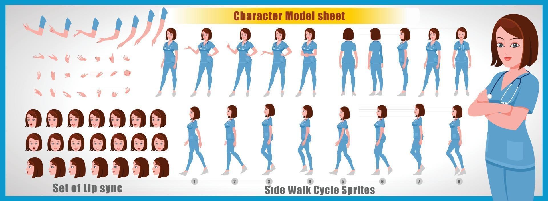 Doctor Girl Character Design Model Sheet Girl Character design Front side back view and explainer animation poses Character set with lip sync Animation sequence of all front Back and side walk cycle animation sequences vector