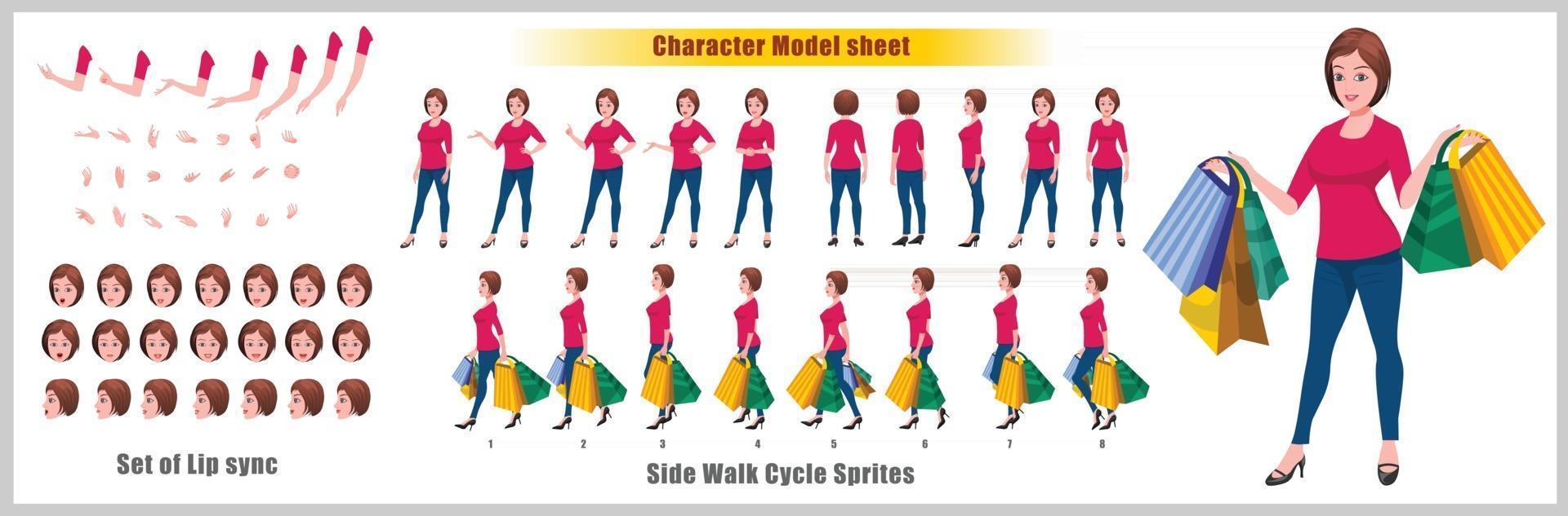 Shopping Girl Character Design Model Sheet Girl Character design Front side back view and explainer animation poses Character set with lip sync Animation sequence of all front Back and side walk cycle animation sequences vector