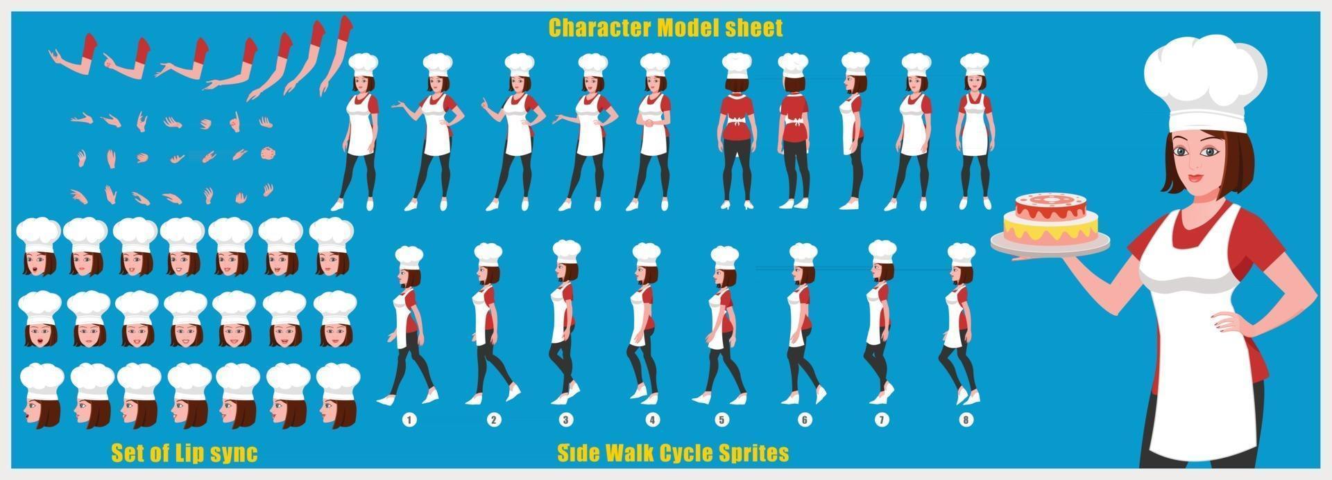 Chef Girl Character Design Model Sheet Girl Character design Front side back view and explainer animation poses Character set with lip sync Animation sequence of all front Back and side walk cycle animation sequences vector