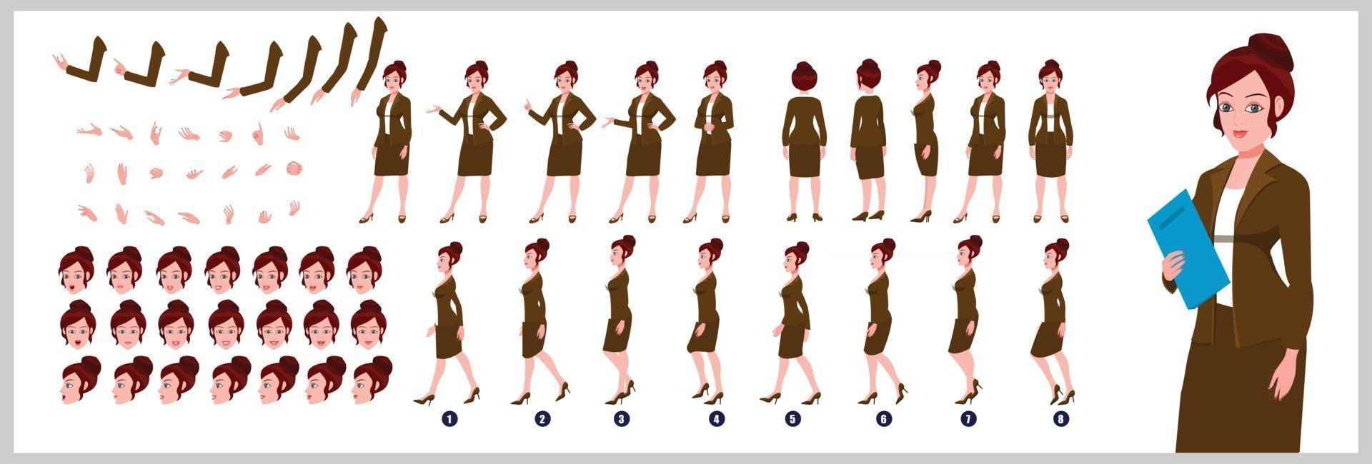 Business Girl Character Design Model Sheet Girl Character design Front side back view and explainer animation poses Character set with lip sync Animation sequence of all front Back and side walk cycle animation sequences vector