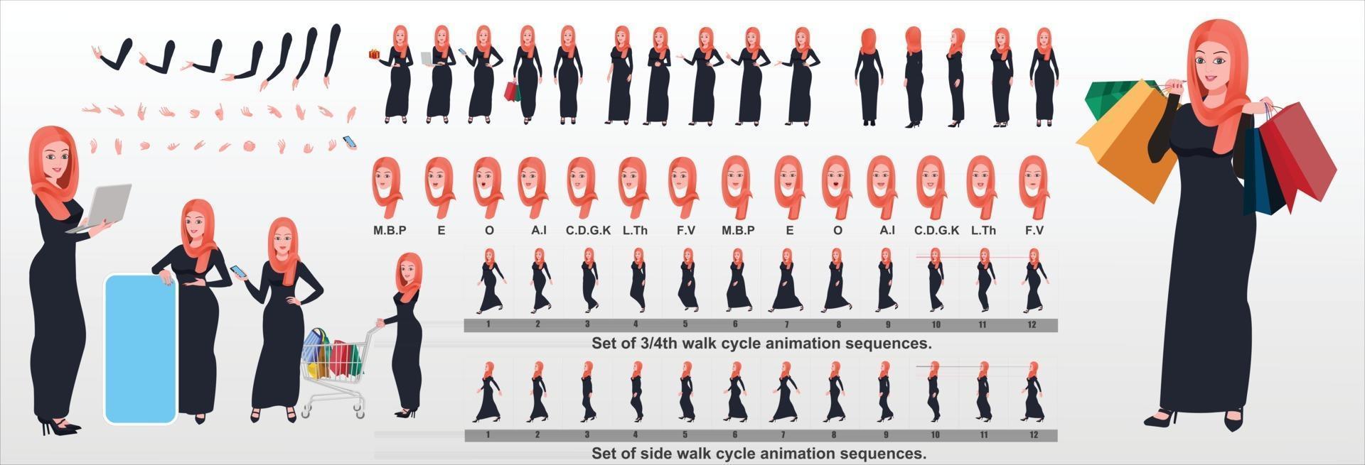 Islamic Girl Character Design Model Sheet with walk cycle animation Girl Character design Front side back view and explainer animation poses Character set with various views and lip sync vector