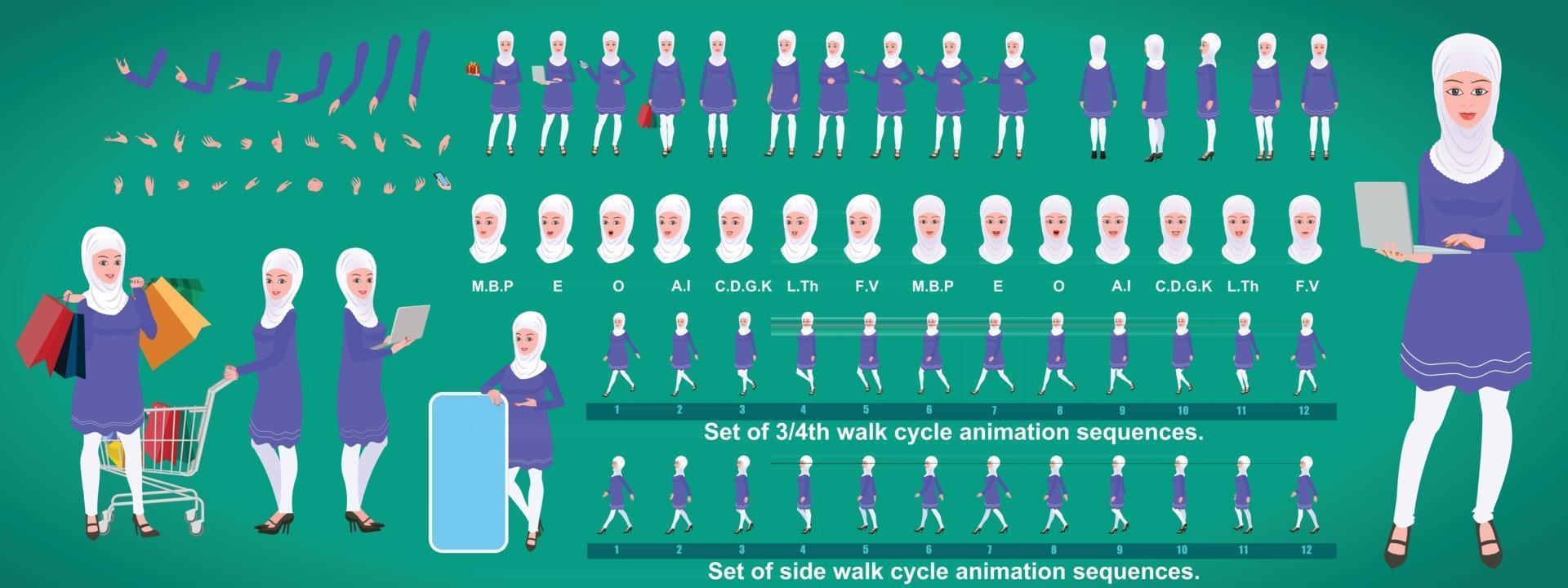 Islamic Girl Character Design Model Sheet with walk cycle animation Girl Character design Front side back view and explainer animation poses Character set with various views and lip sync vector