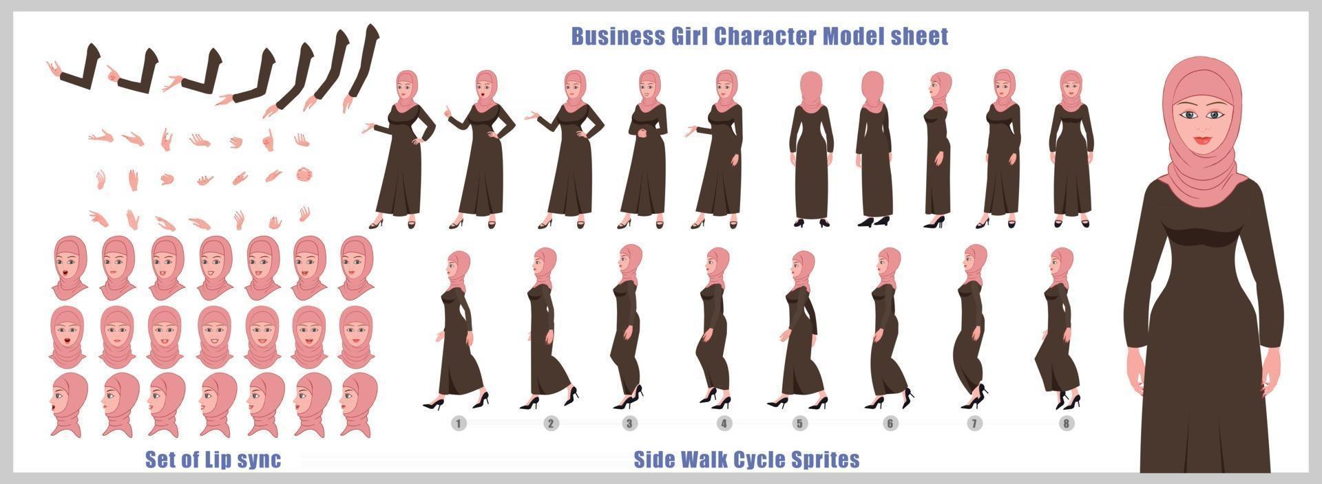 Arab Girl Character Design Model Sheet Girl Character design Front side back view and explainer animation poses Character set with lip sync Animation sequence of all front Back and side walk cycle animation sequences vector