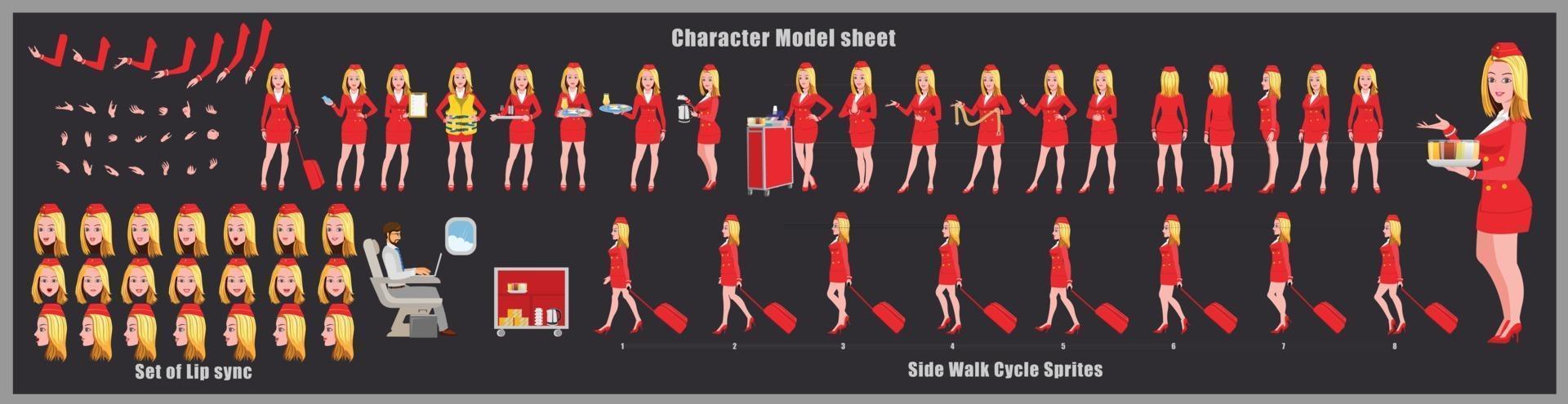 Air hostess Girl Character Design Model Sheet Girl Character design Front side back view and explainer animation poses Character set with lip sync Animation sequence of all front Back and side walk cycle animation sequences vector