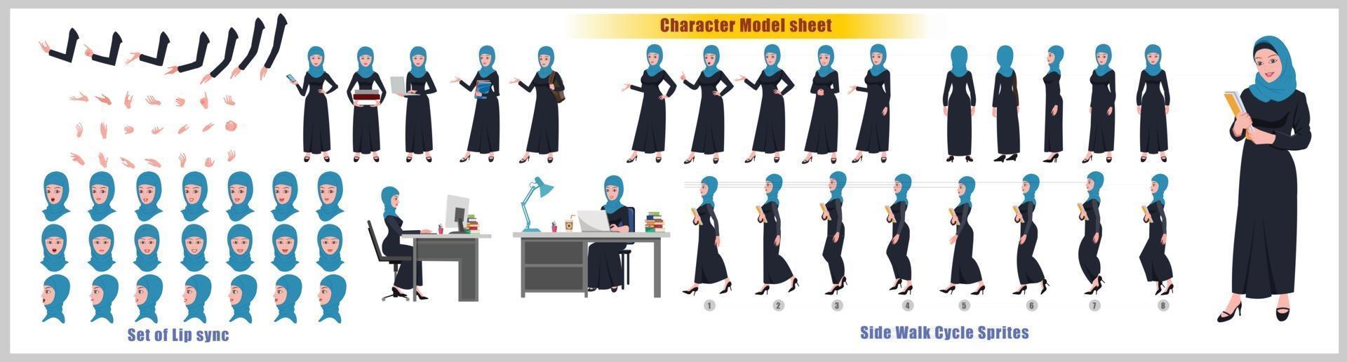 Arab Girl Character Design Model Sheet Girl Character design Front side back view and explainer animation poses Character set with lip sync Animation sequence of all front Back and side walk cycle animation sequences vector