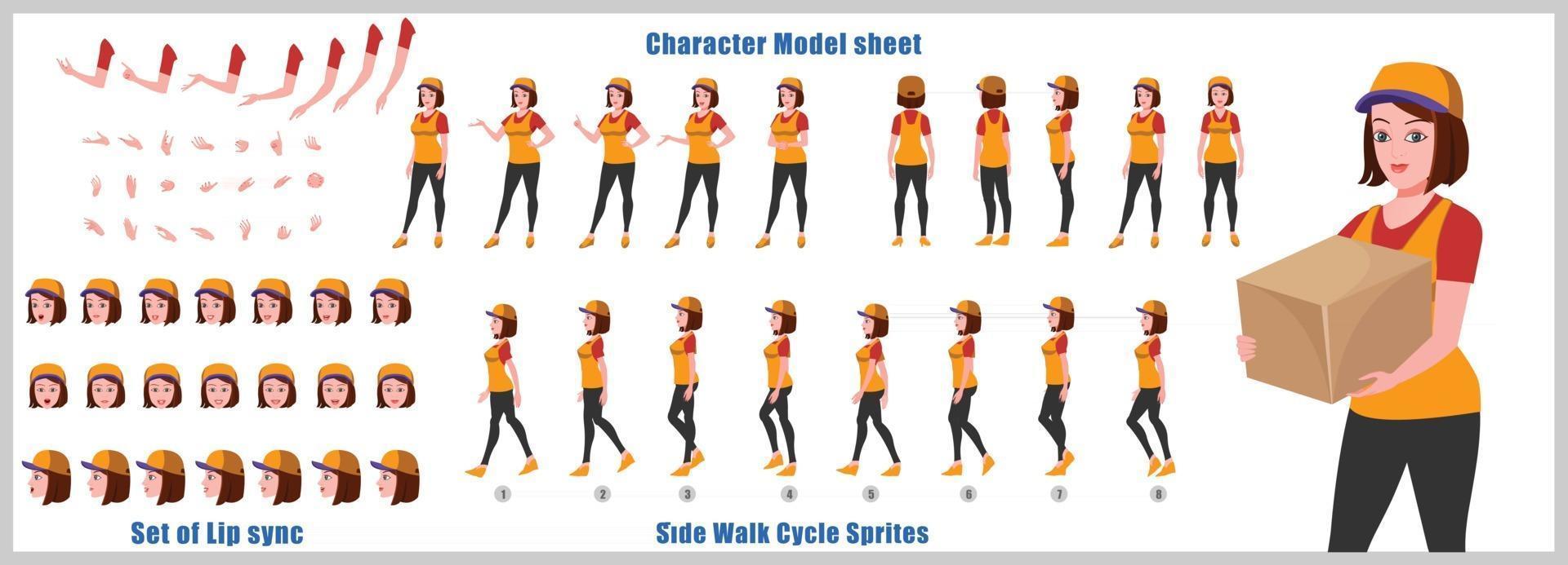 Courier Girl Character Design Model Sheet Girl Character design Front side back view and explainer animation poses Character set with lip sync Animation sequence of all front Back and side walk cycle animation sequences vector