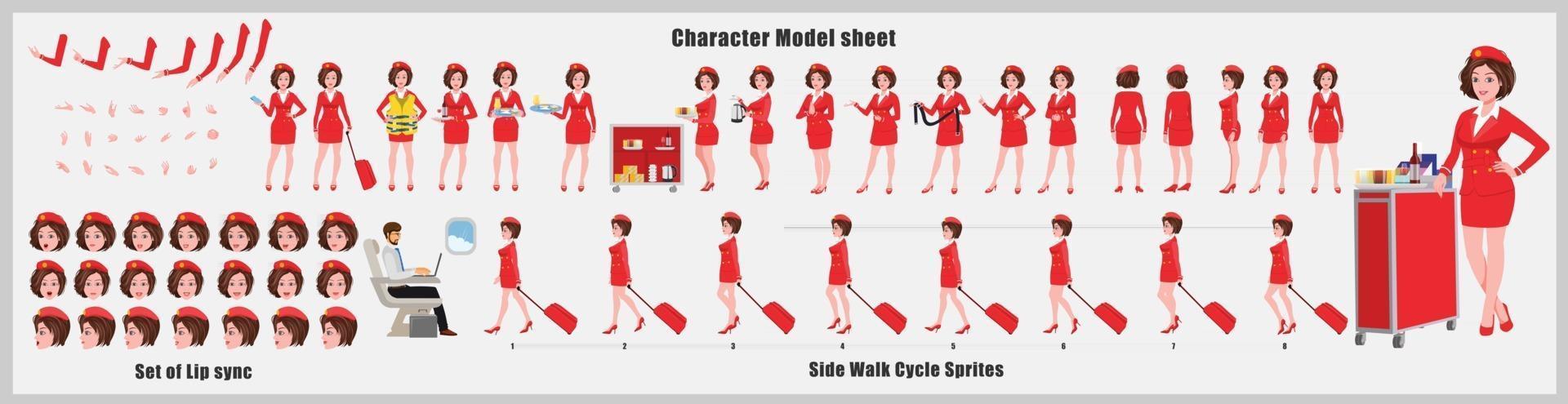 Air hostess Girl Character Design Model Sheet Girl Character design Front side back view and explainer animation poses Character set with lip sync Animation sequence of all front Back and side walk cycle animation sequences vector