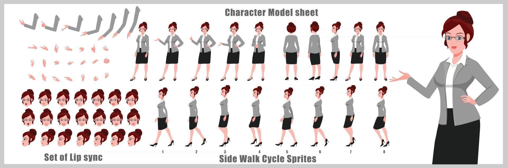 Business Girl Character Design Model Sheet Girl Character design Front side back view and explainer animation poses Character set with lip sync Animation sequence of all front Back and side walk cycle animation sequences vector