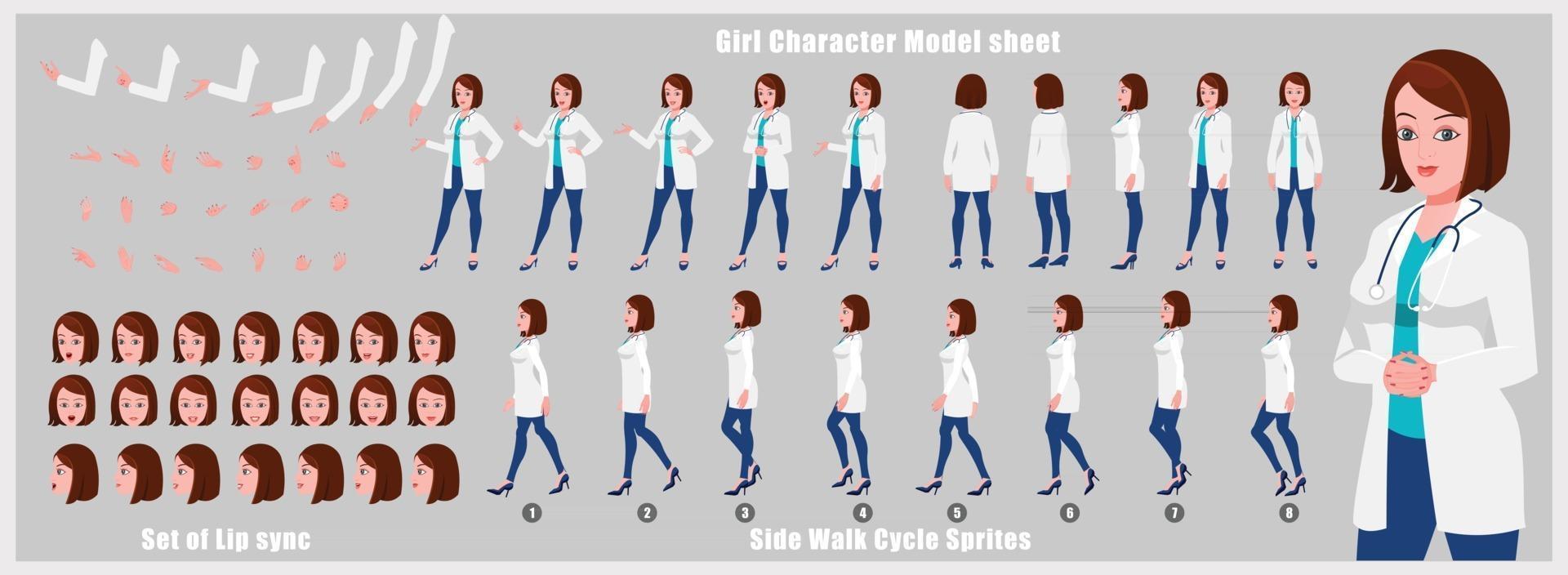 diseño de personajes de niña doctora hoja de modelo diseño de personajes de niña vista frontal lateral posterior y explicador poses de animación conjunto de personajes con secuencia de animación de sincronización de labios de todas las secuencias de animación del ciclo de paseo frontal y lateral vector