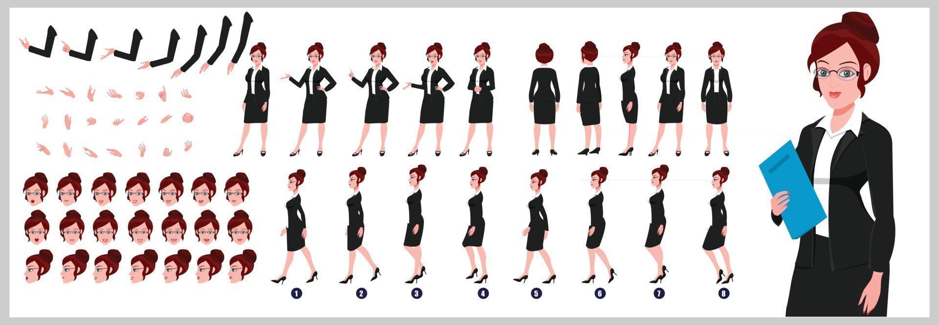 Business Girl Character Design Model Sheet Girl Character design Front side back view and explainer animation poses Character set with lip sync Animation sequence of all front Back and side walk cycle animation sequences vector