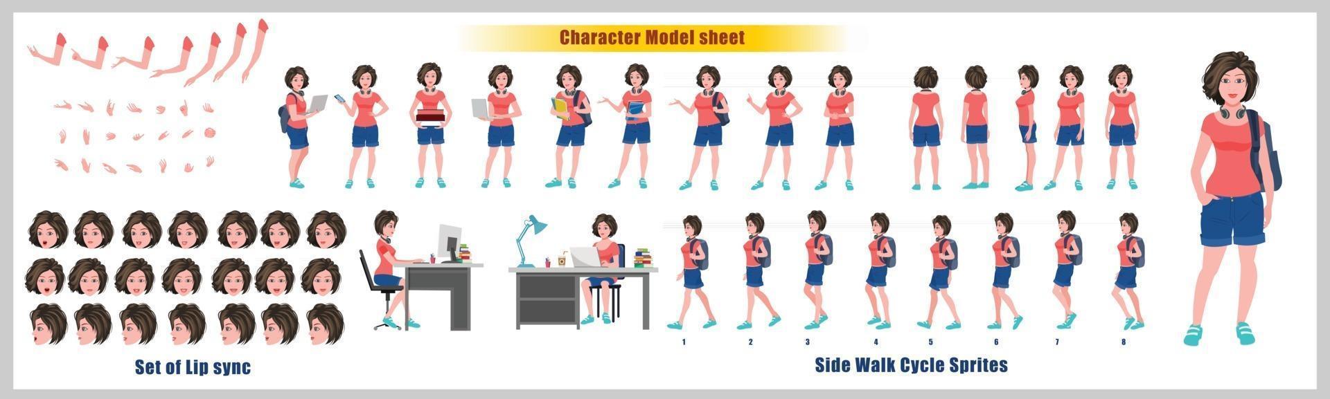 Girl student Character Design Model Sheet Girl Character design Front side back view and explainer animation poses Character set with lip sync Animation sequence of all front Back and side walk cycle animation sequences vector