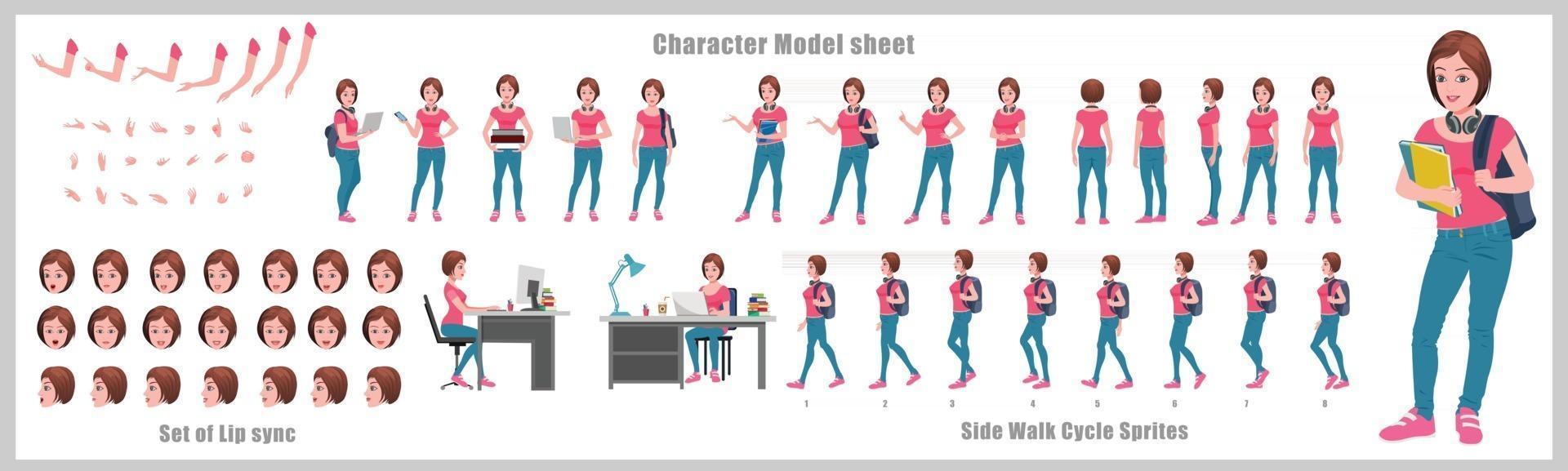 Girl student Character Design Model Sheet Girl Character design Front side back view and explainer animation poses Character set with lip sync Animation sequence of all front Back and side walk cycle animation sequences vector