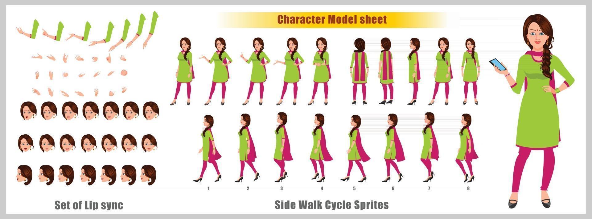 Indian Girl Character Design Model Sheet Girl Character design Front side back view and explainer animation poses Character set with lip sync Animation sequence of all front Back and side walk cycle animation sequences vector