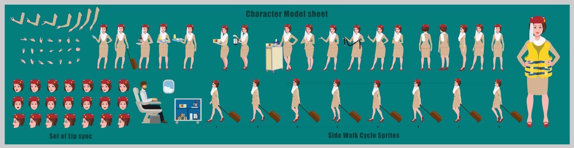 Air hostess Girl Character Design Model Sheet Girl Character design Front side back view and explainer animation poses Character set with lip sync Animation sequence of all front Back and side walk cycle animation sequences vector