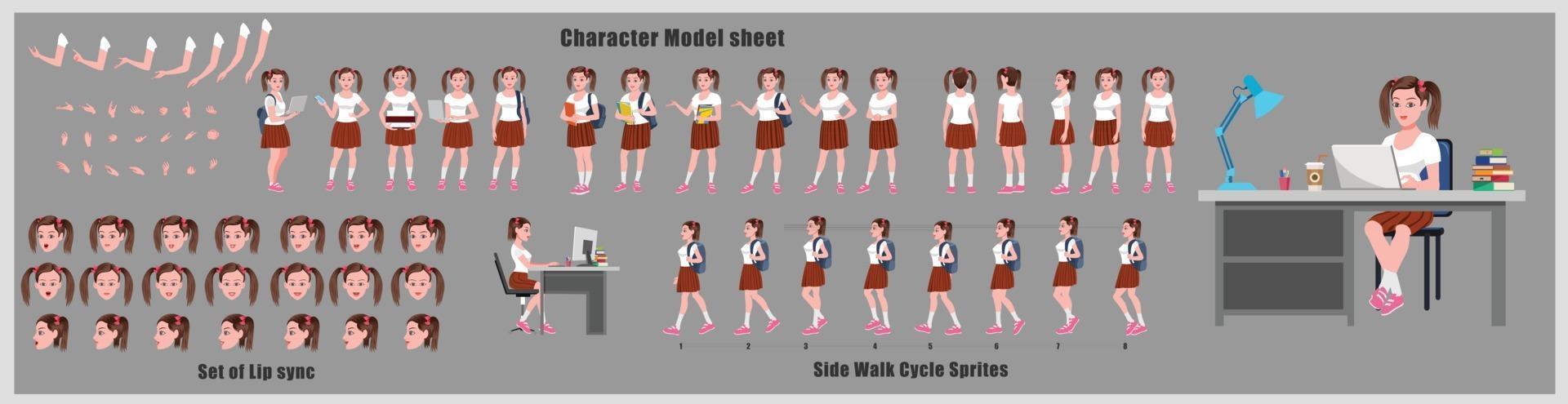 Girl Character Design Model Sheet Girl Character design Front side back view and explainer animation poses Character set with lip sync Animation sequence of all front Back and side walk cycle animation sequences vector