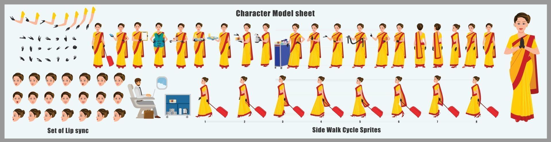 Indian Girl Character Design Model Sheet Girl Character design Front side back view and explainer animation poses Character set with lip sync Animation sequence of all front Back and side walk cycle animation sequences vector