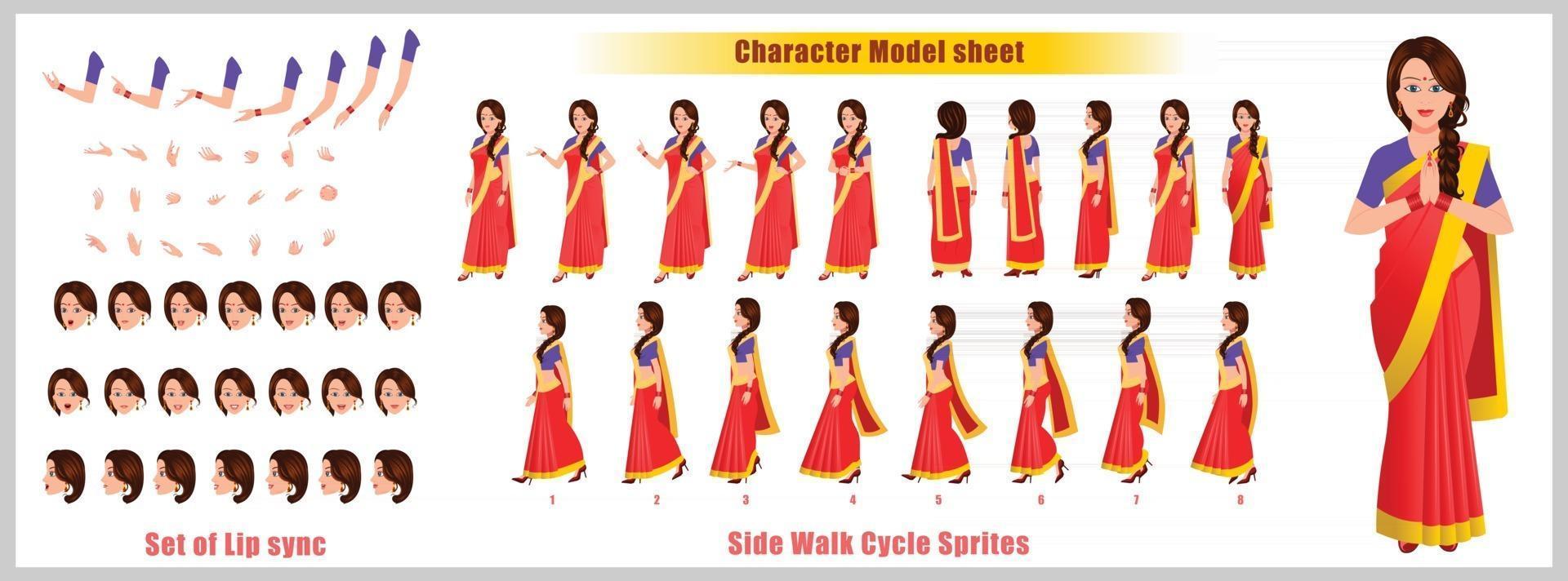 Indian Girl Character Design Model Sheet Girl Character design Front side back view and explainer animation poses Character set with lip sync Animation sequence of all front Back and side walk cycle animation sequences vector