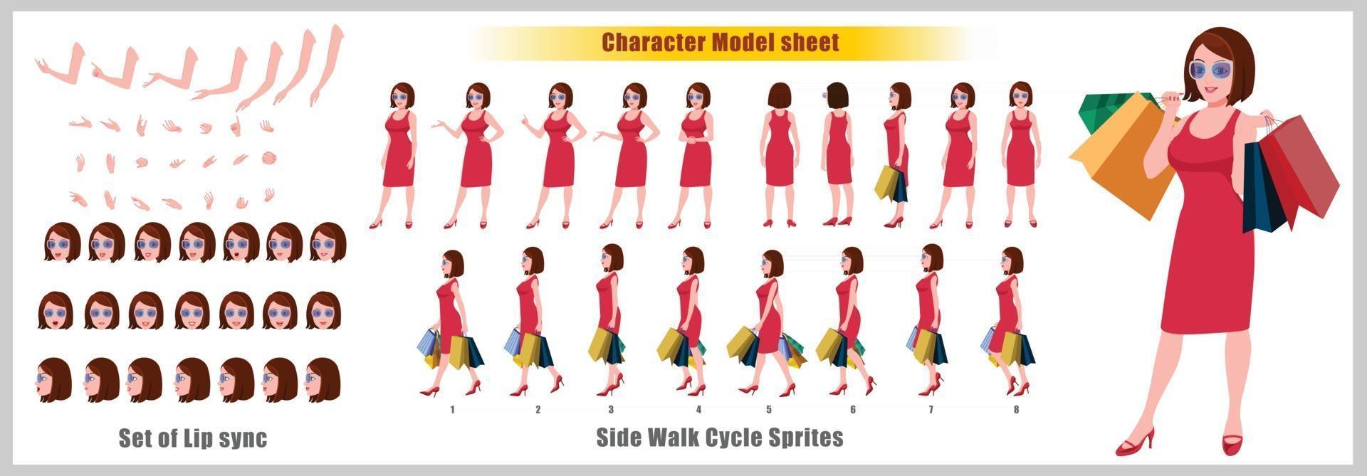 Shopping Girl Character Design Model Sheet Girl Character design Front side back view and explainer animation poses Character set with lip sync Animation sequence of all front Back and side walk cycle animation sequences vector