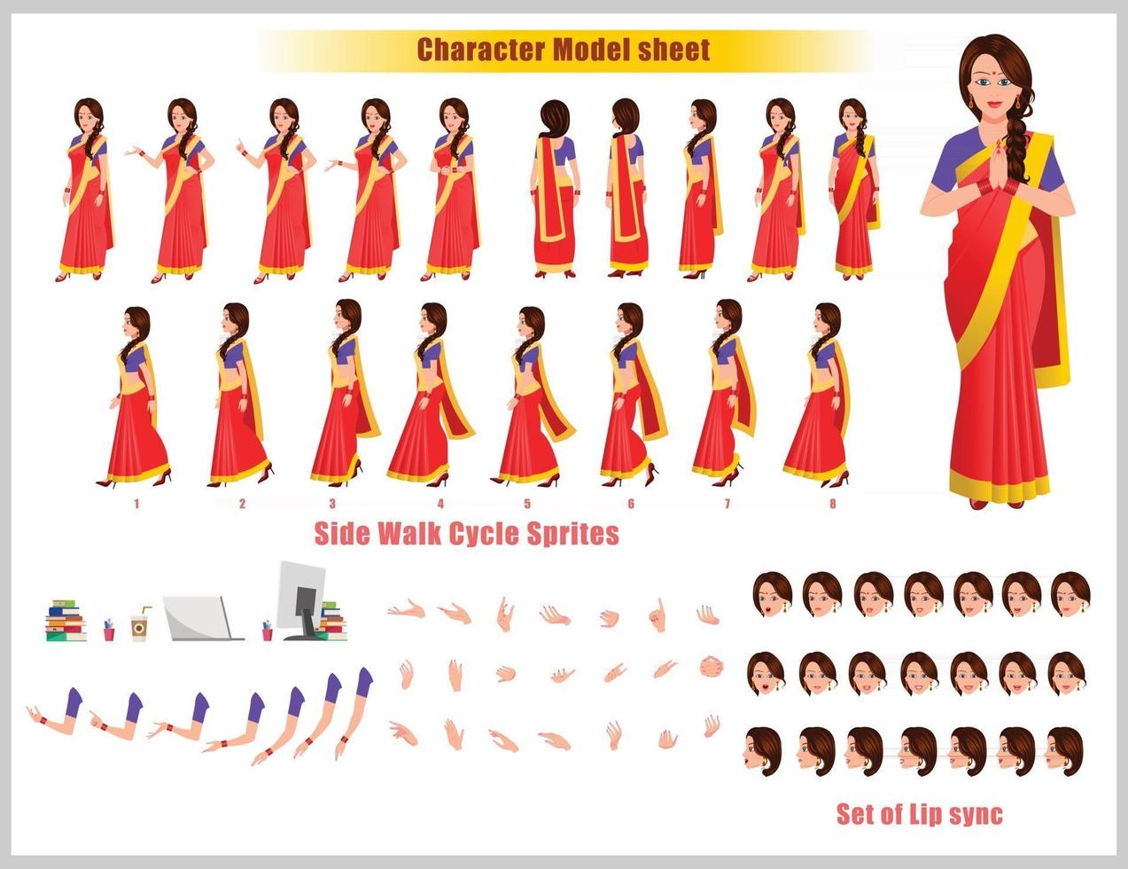 Indian Girl Character Design Model Sheet Girl Character design Front side back view and explainer animation poses Character set with lip sync Animation sequence of all front Back and side walk cycle animation sequences vector