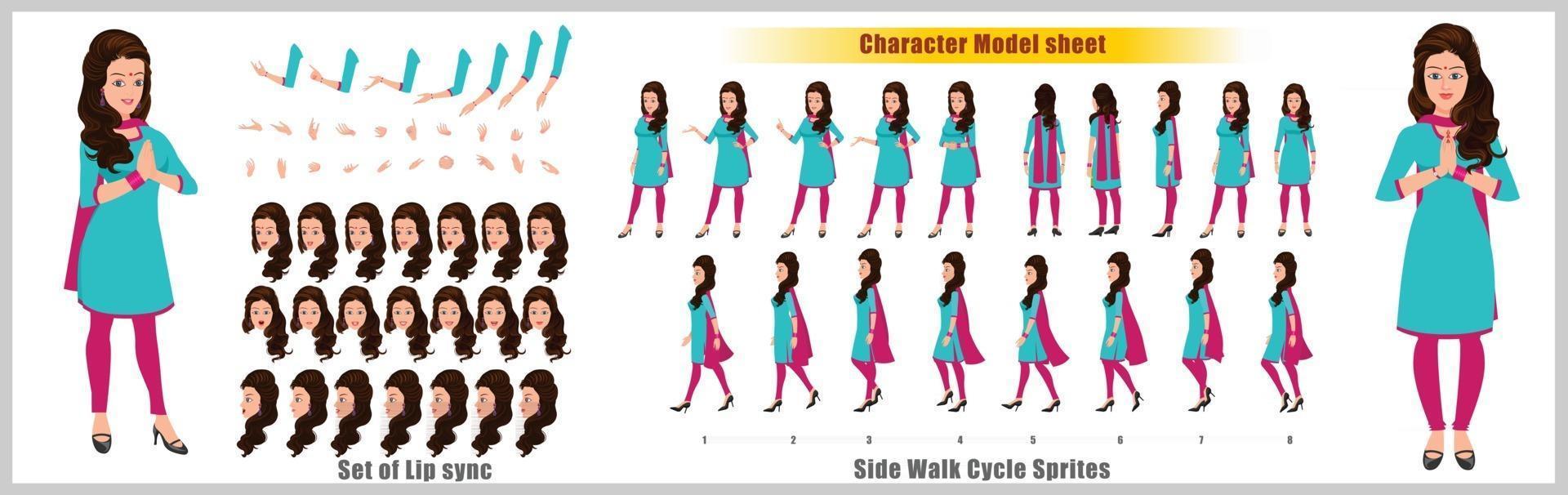 Indian Girl Character Design Model Sheet Girl Character design Front side back view and explainer animation poses Character set with lip sync Animation sequence of all front Back and side walk cycle animation sequences vector